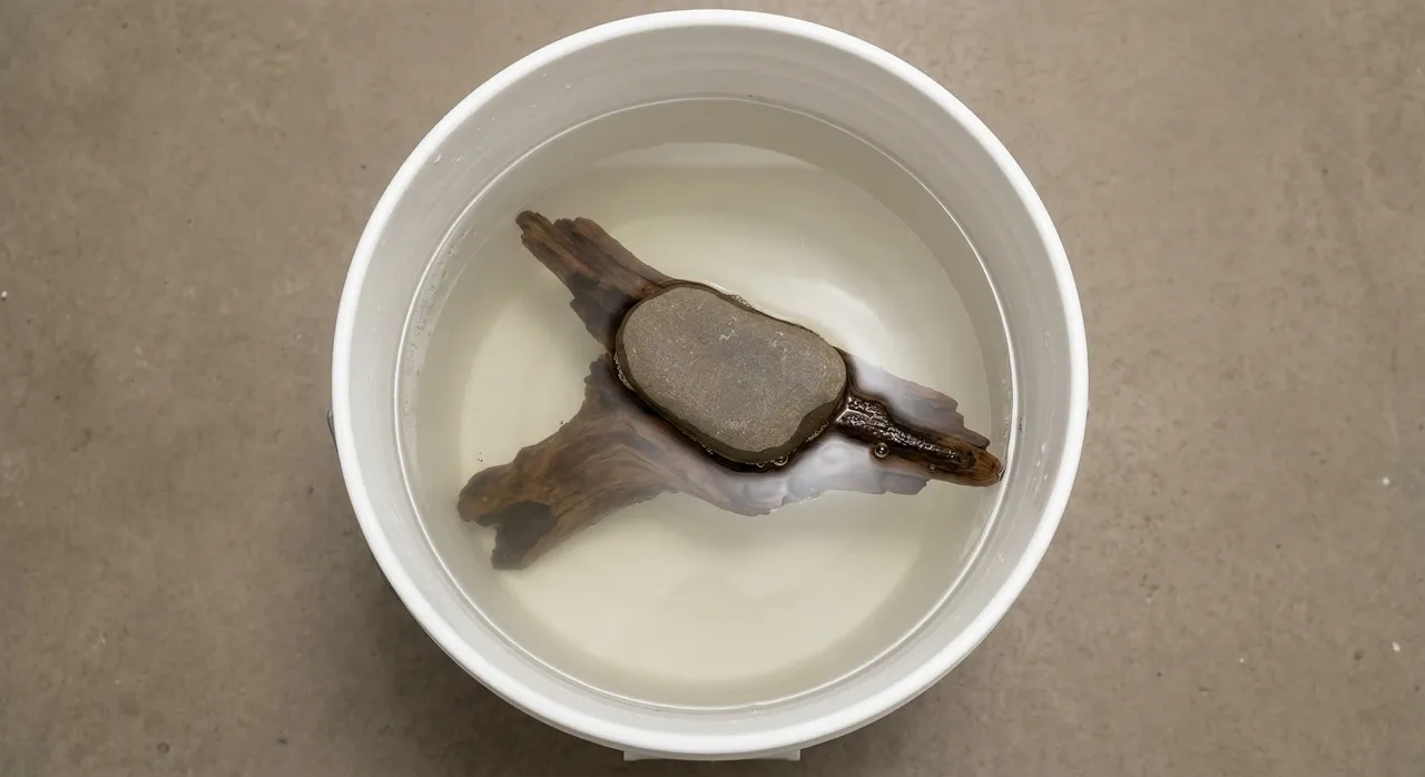 Driftwood fully submerged in milky bleach solution in a white bucket, weighted down by a flat rock