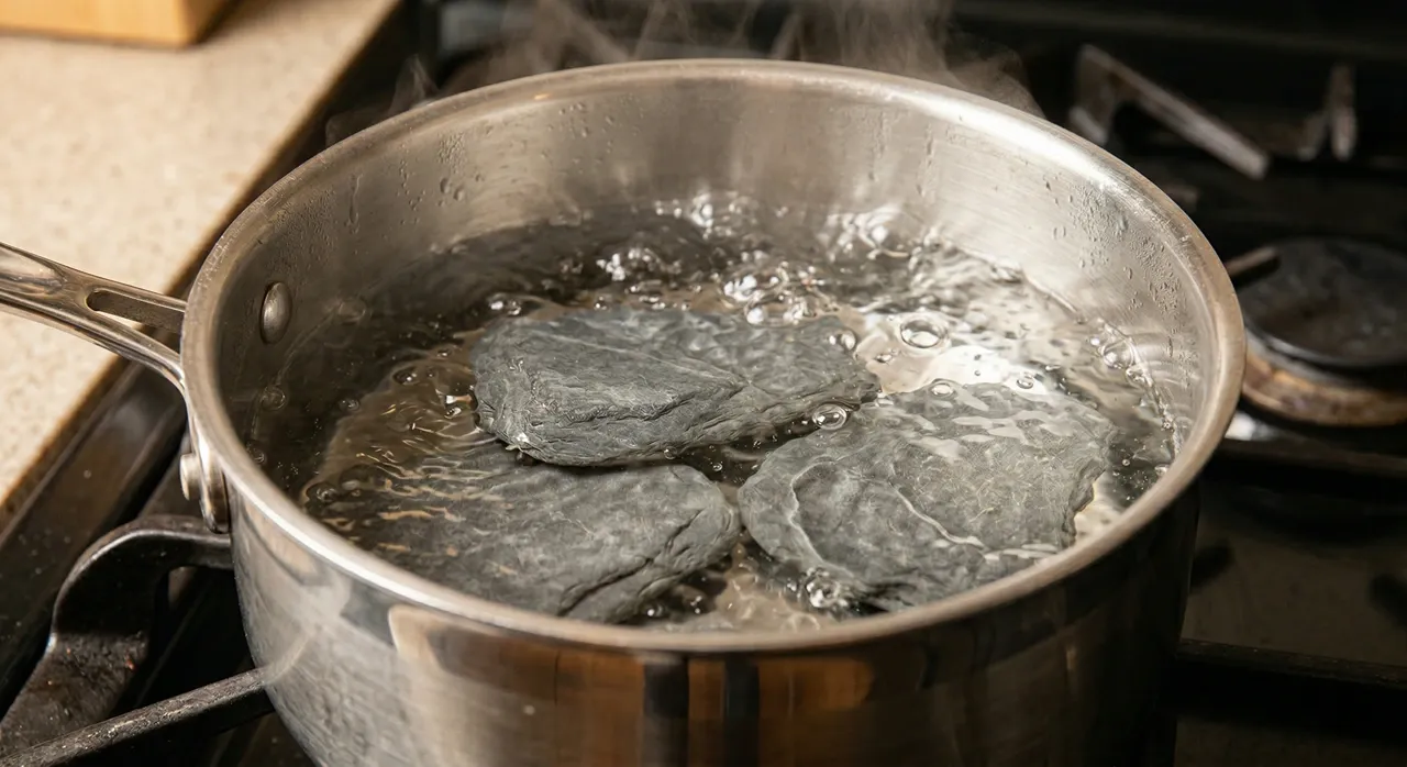 Slate rocks in a stainless pot of actively boiling water on a stovetop being sanitized