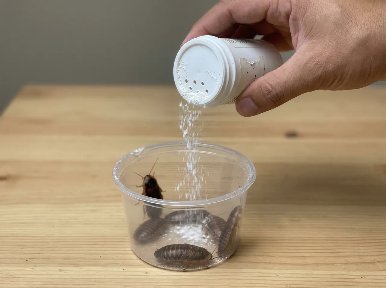 Keeper dusting calcium supplement powder from a shaker tub over dubia roaches in a clear deli cup on a wooden surface