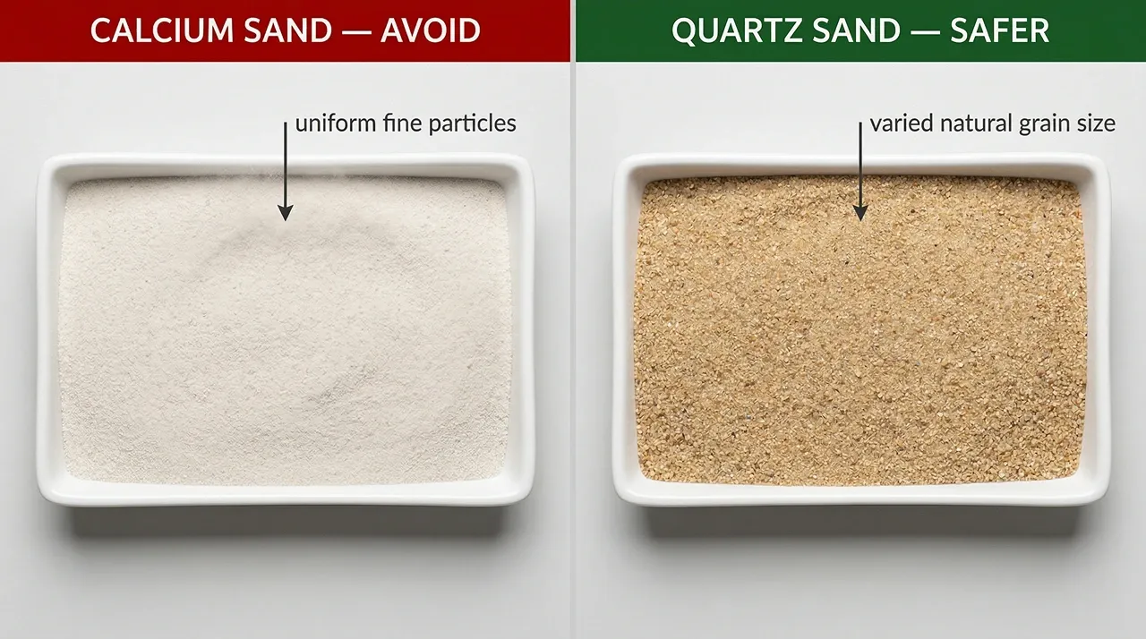 Chalky white calcium sand with fine uniform particles left, golden-beige quartz sand with visible grain right