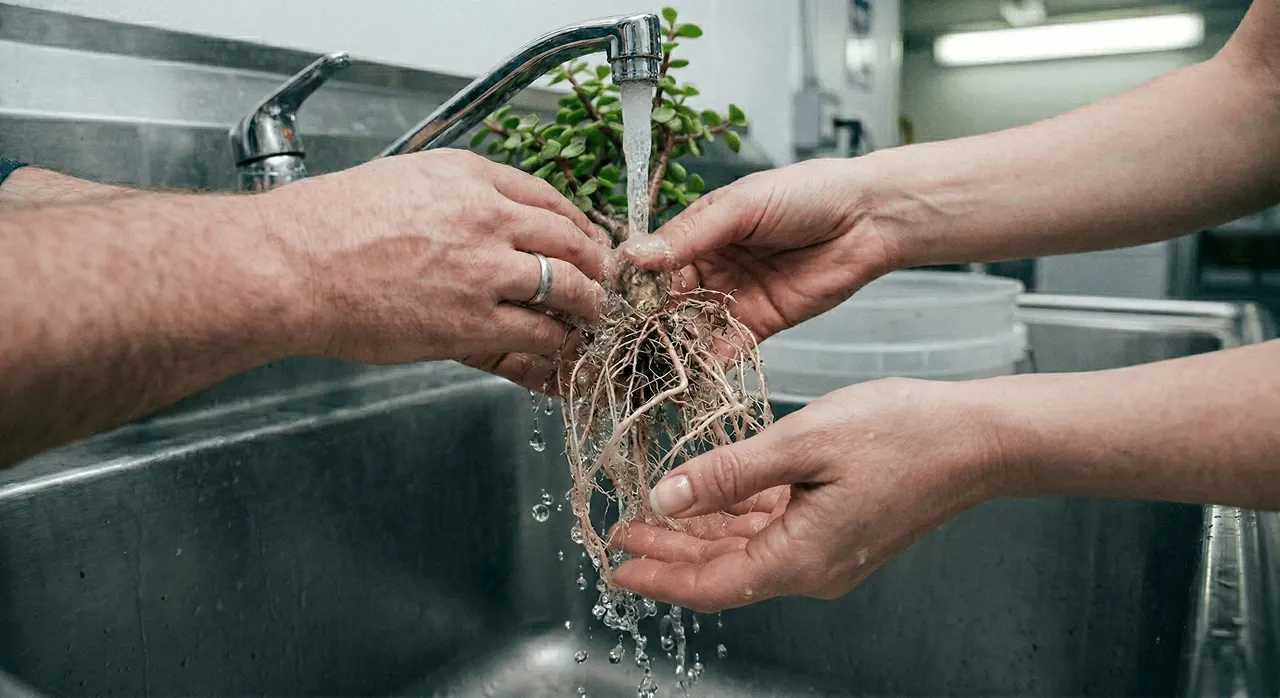 A close-up photo of a person washing a live plant's root system completely bare under a kitchen faucet to remove commercial soil and fertilizer.