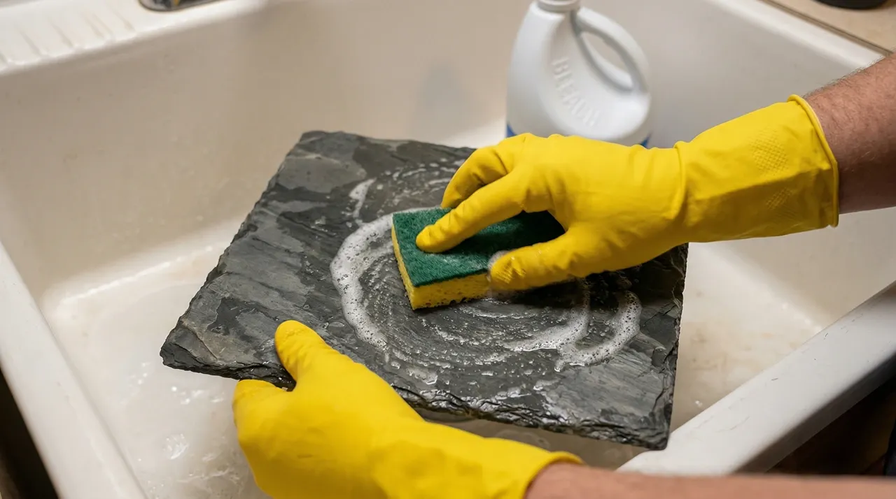 Yellow-gloved hands scrubbing a wet slate tile with a green sponge in a utility sink, bleach bottle visible in background