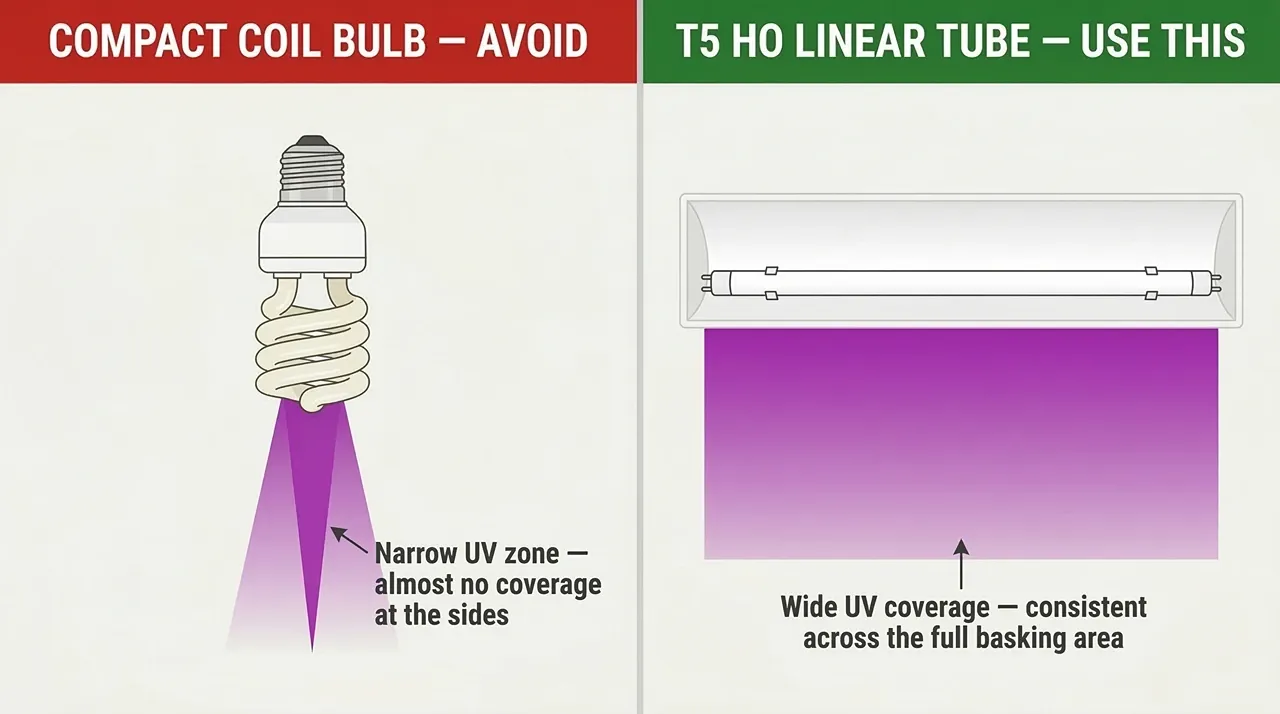 Coil UVB bulb producing narrow UV spotlight versus T5 HO tube with wide even UV coverage across a bearded dragon enclosure