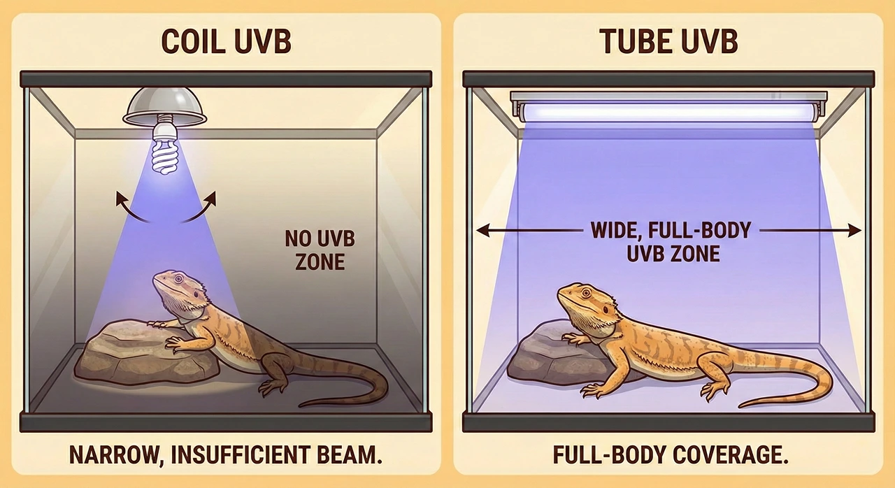 Side-by-side diagram comparing a narrow coil UVB bulb beam hitting only part of a bearded dragon versus a linear tube UVB providing full-body coverage.