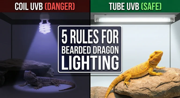 A side-by-side comparison showing a dark, gloomy terrarium with a dangerous coil UVB bulb next to a bright, healthy terrarium with a safe tube UVB bulb, featuring the text 5 Rules for Bearded Dragon Lighting.