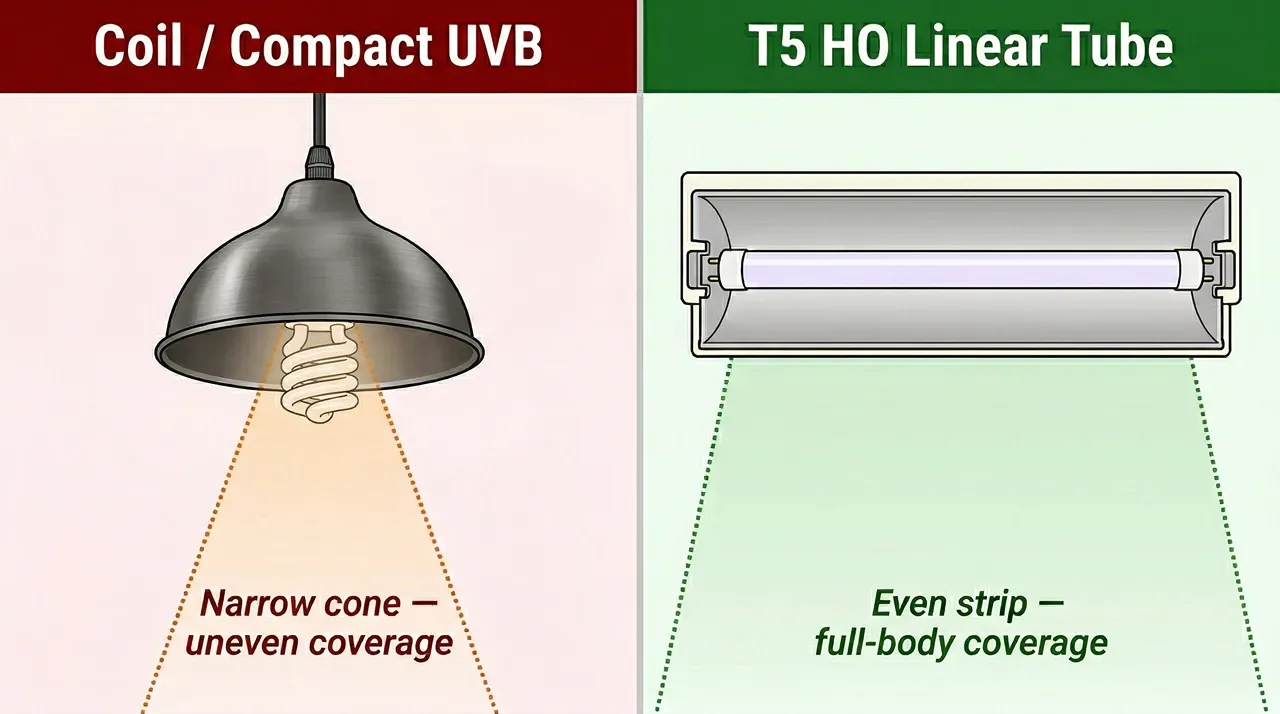 Coil UVB bulbs cannot cover a bearded dragon's full body; T5 HO tubes deliver the even strip coverage a full-body basker needs.