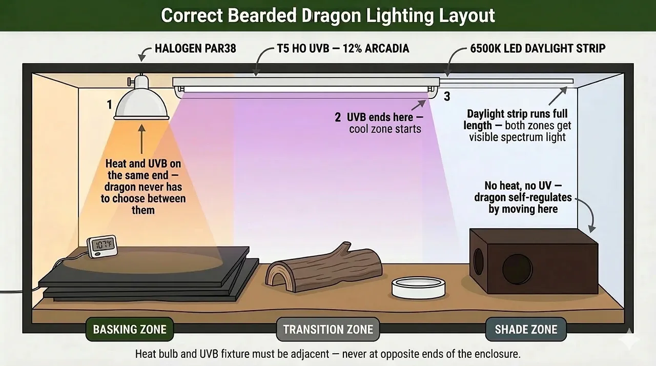 Bearded dragon enclosure with halogen and T5 UVB together at warm end, LED daylight strip, and warm-to-cool temperature gradient