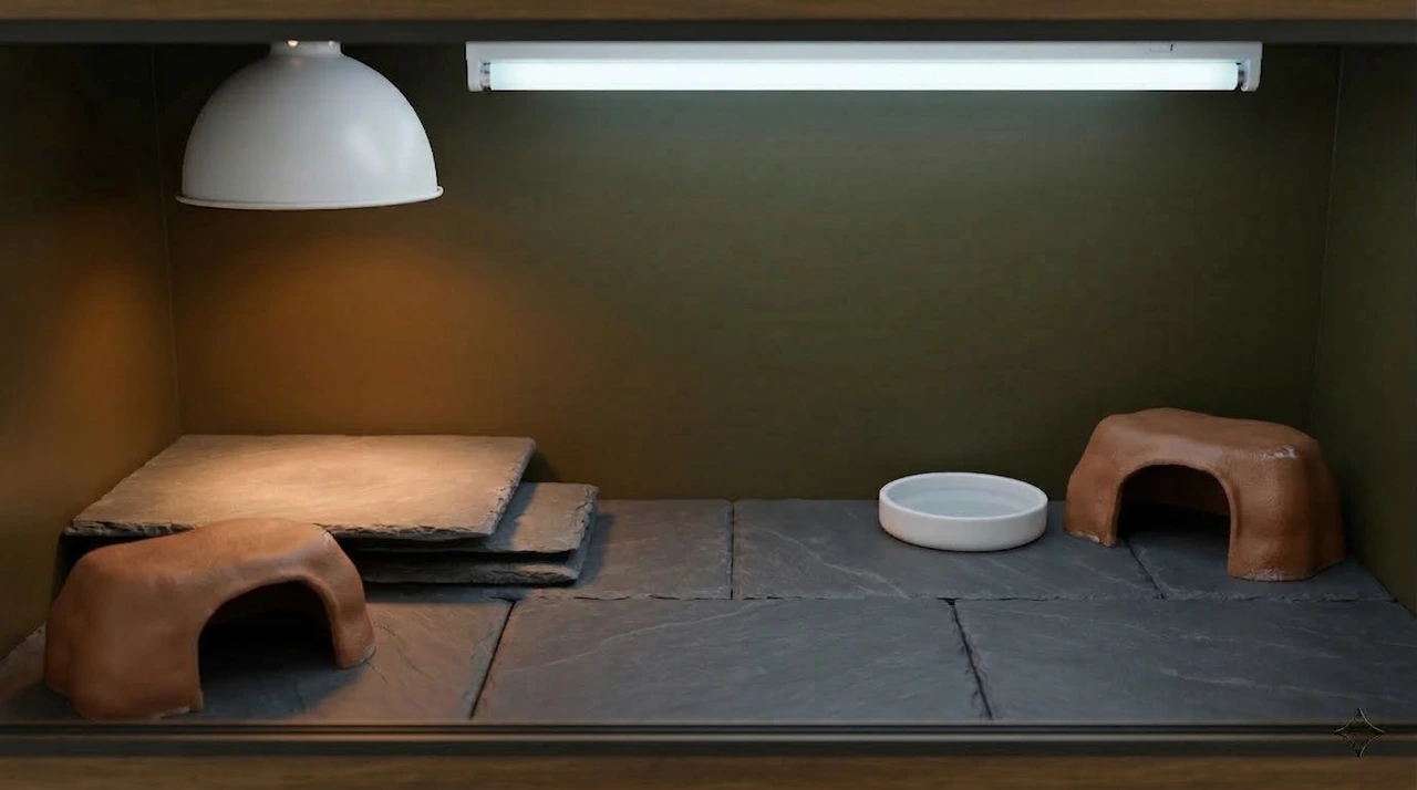 Bearded dragon vivarium interior with basking platform and lamp at the hot end, hide and water bowl at the cool end.