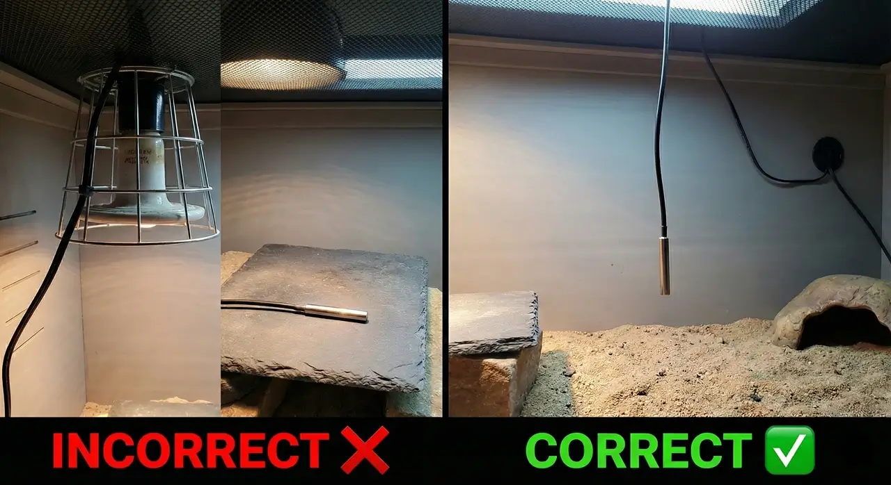 Side-by-side comparison showing incorrect thermostat probe placement laying flat on a basking rock versus the correct placement hanging freely in the ambient air of a reptile enclosure.