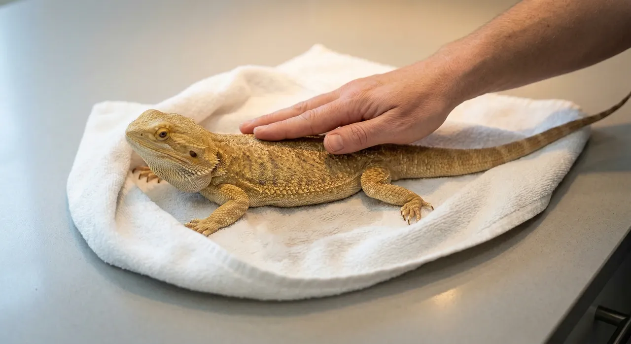 A bearded dragon resting on a soft white towel after a bath, with a keeper's hand gently patting its back dry.