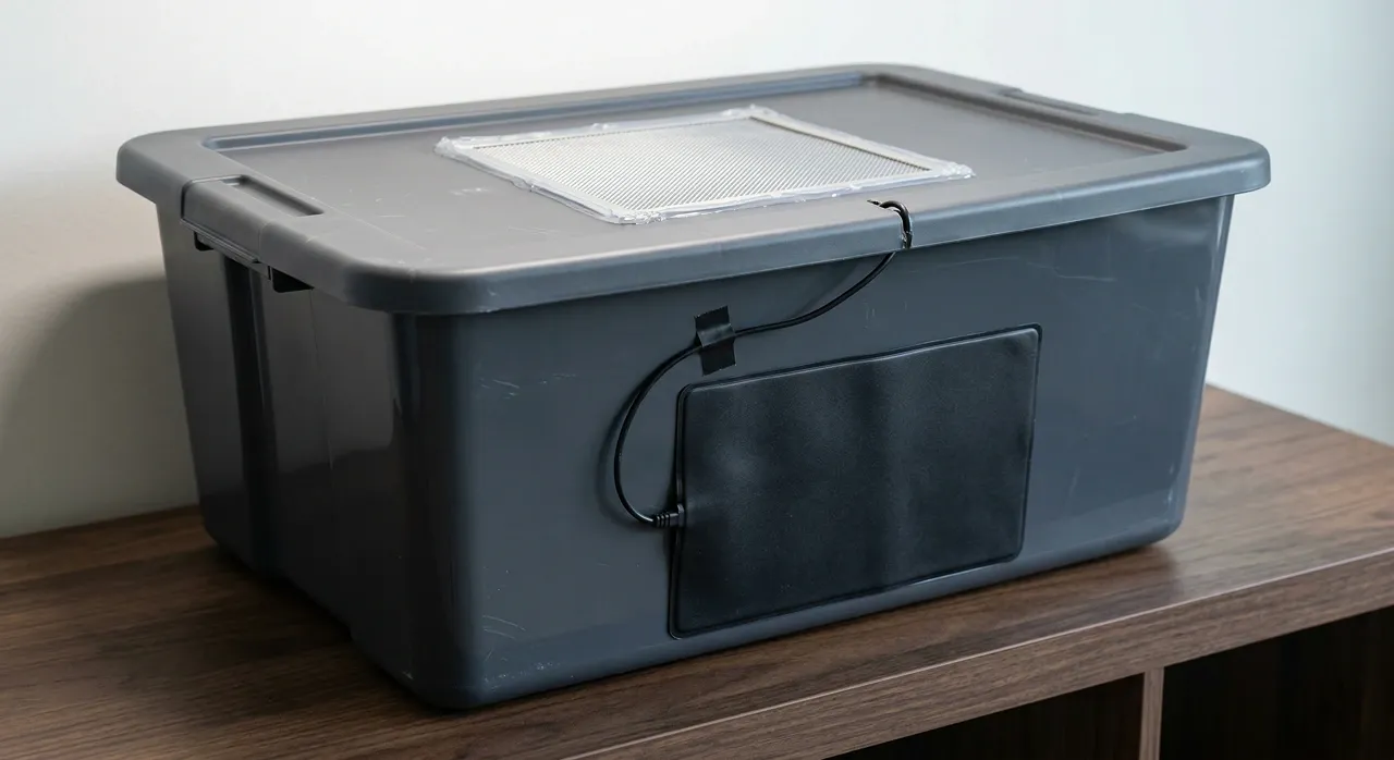 Opaque grey plastic storage tub with heat mat on exterior side wall and mesh ventilation panel in lid