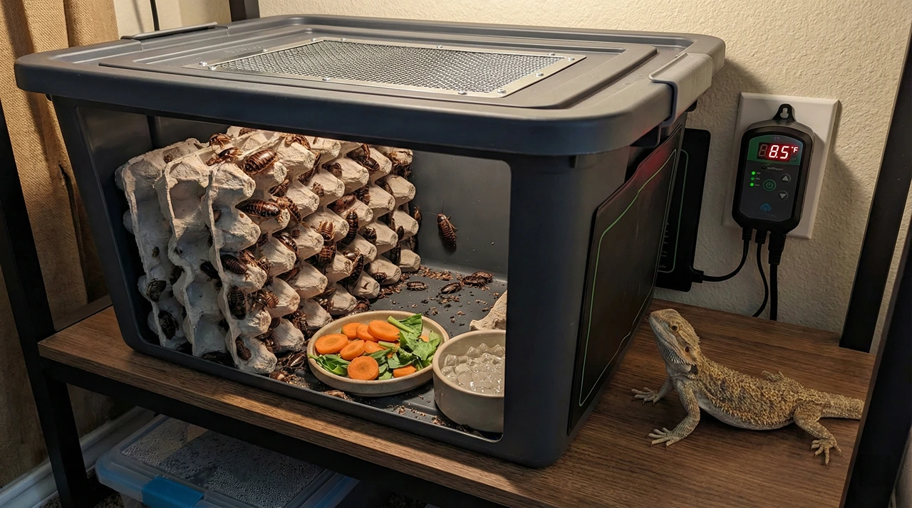 A complete dubia roach colony setup in a plastic bin showing vertical egg crates, a digital thermostat, and shallow food dishes, with a pet bearded dragon looking inside.
