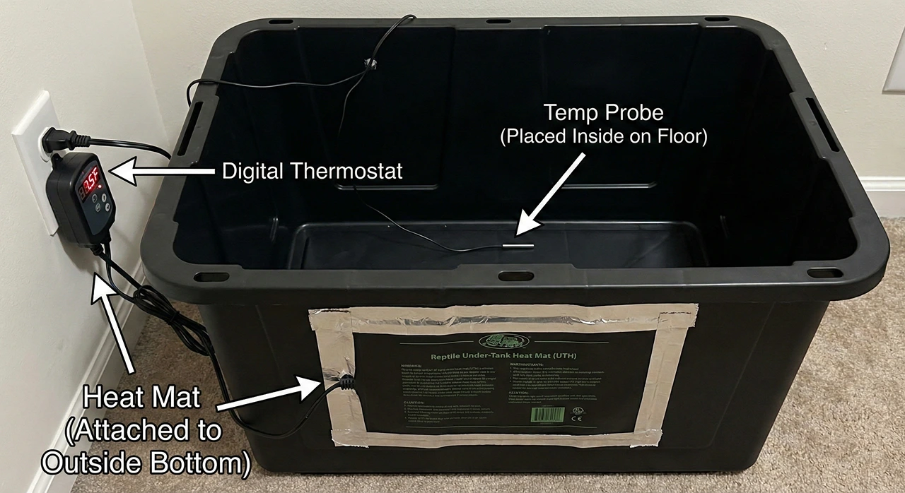Diagram showing a reptile heat mat attached to the outside of a plastic tub with a digital thermostat probe placed inside for a dubia roach colony setup.