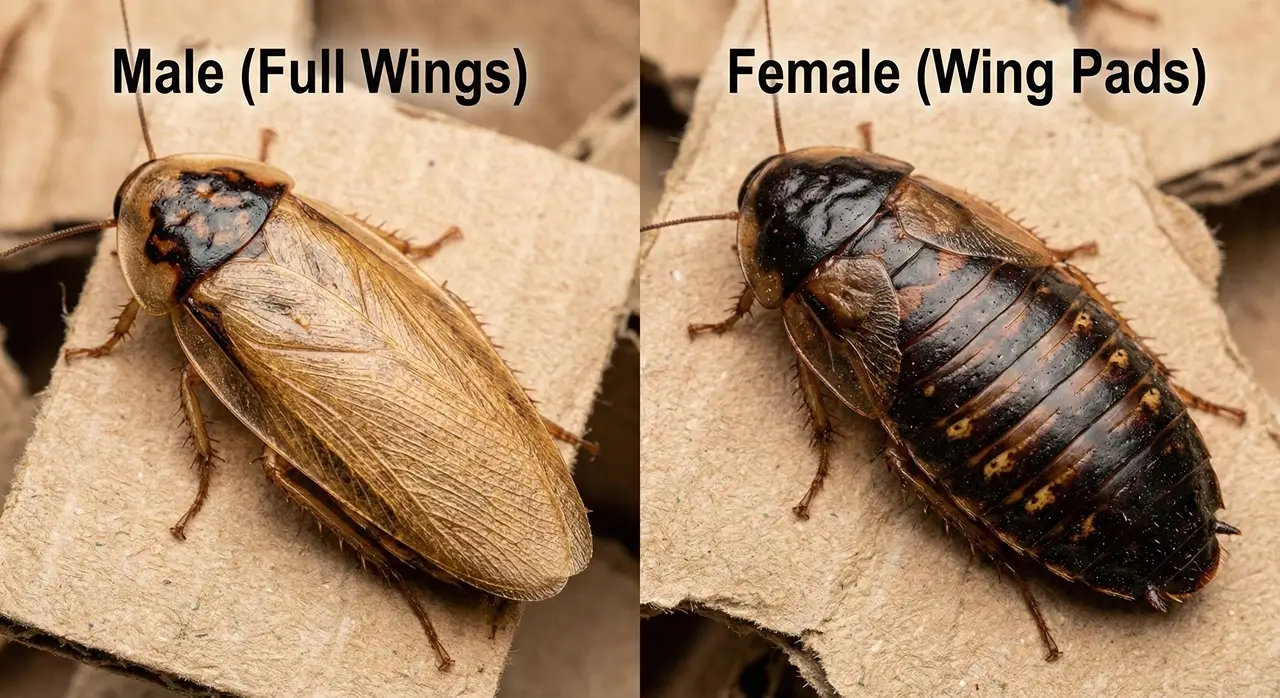 Side-by-side comparison of an adult male dubia roach with full wings and an adult female with stubby wing pads for a breeding colony setup.