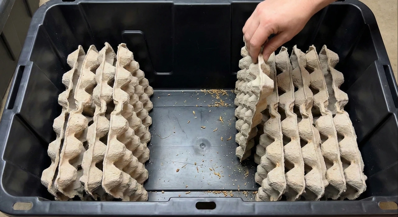 A dark plastic bin used for a dubia roach colony setup showing cardboard egg crates stacked vertically to prevent mold and frass buildup.