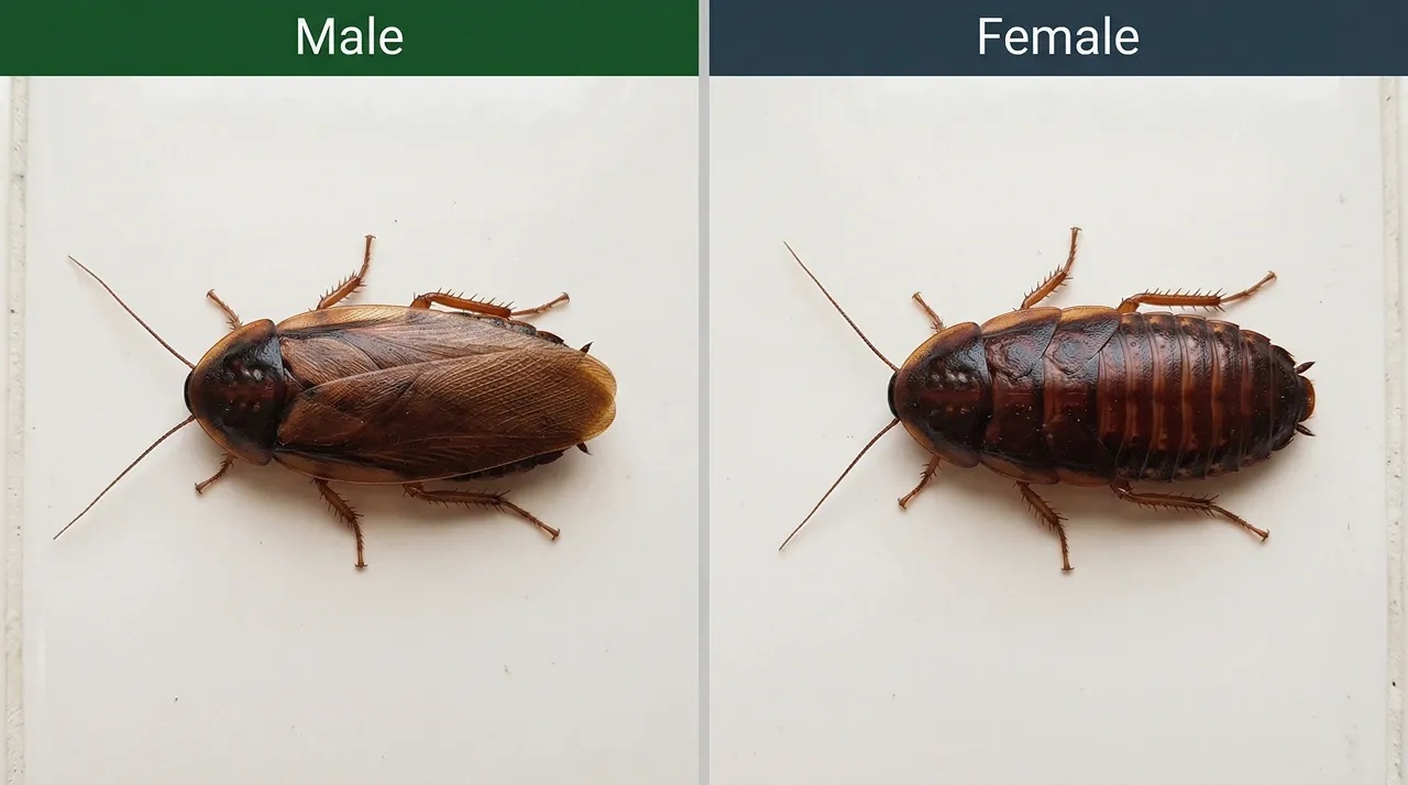 Adult male dubia roach with full wings beside adult female showing exposed segmented abdomen and short wing stubs