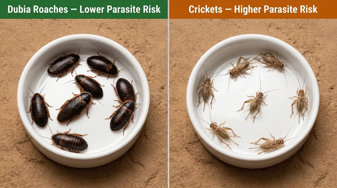 Dubia roaches in white ceramic dish on sandy substrate beside identical dish of crickets, comparing two feeder insect species
