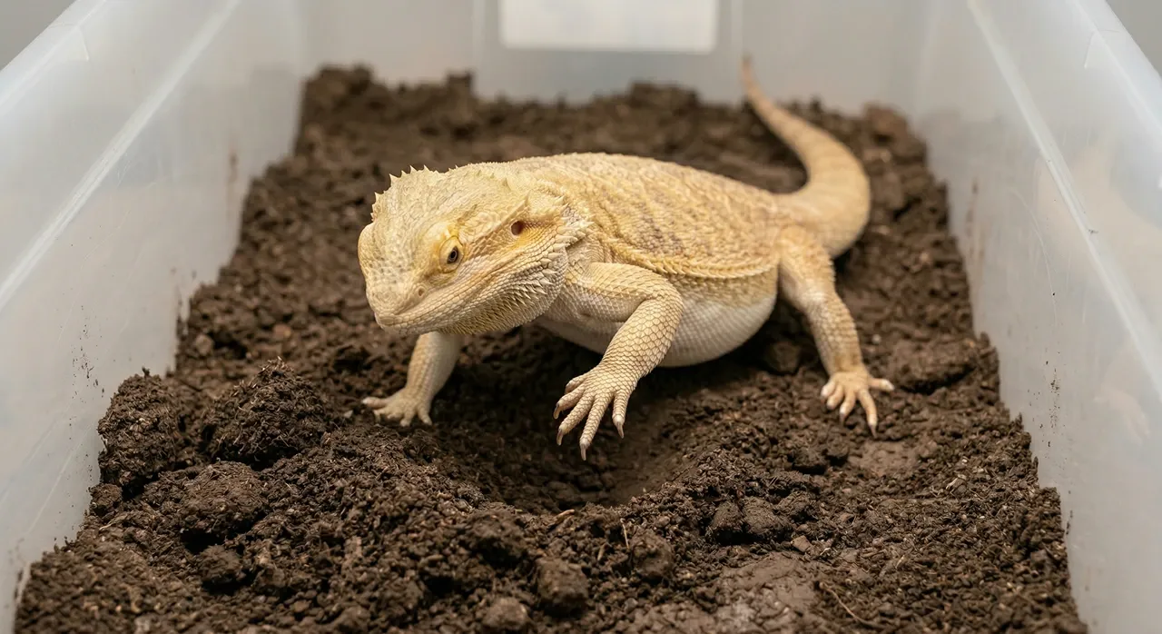 Gravid female bearded dragon in a plastic lay box digging into damp topsoil with a visible depression forming in front of her body