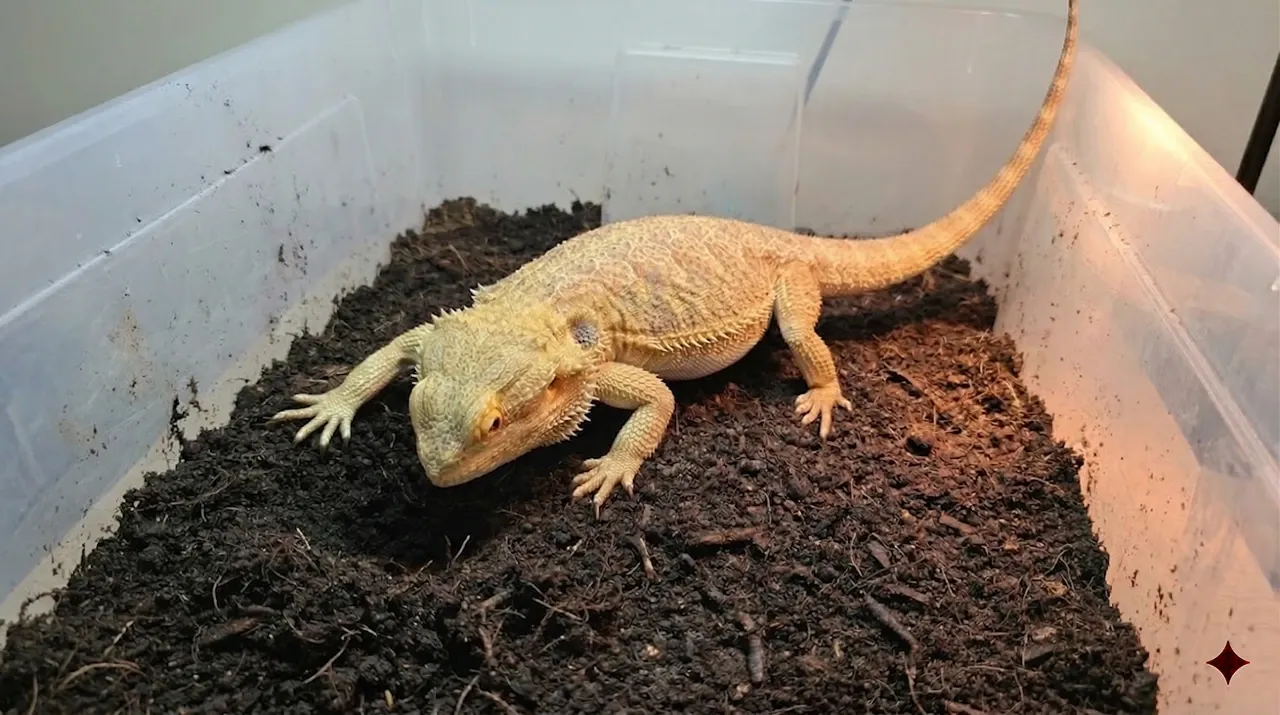 Female bearded dragon exploring dark moist topsoil inside a clear plastic lay box before laying eggs