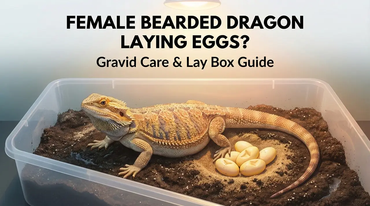 A female bearded dragon next to a clutch of eggs in a dirt lay box. Text overlay reads: "FEMALE BEARDED DRAGON LAYING EGGS? Gravid Care & Lay Box Guide.