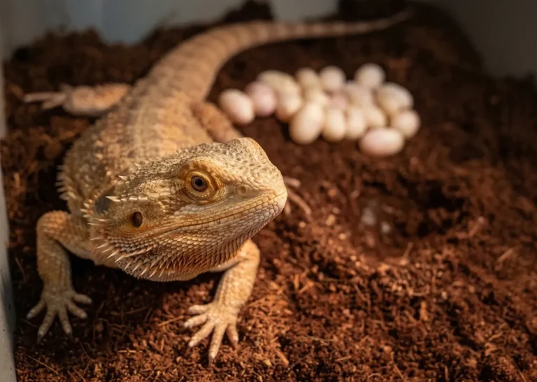 A detailed close-up of a female bearded dragon with a freshly laid clutch of eggs in her nesting box, illustrating the scenario of laying eggs without a male.