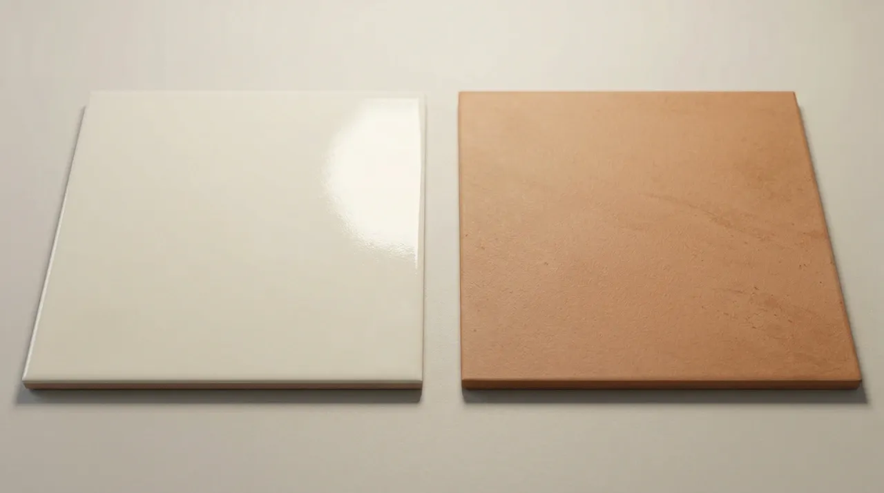 Glossy glazed white ceramic tile on the left next to a matte unglazed terracotta tile on the right