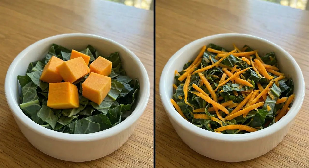 A side-by-side comparison of two bowls of collard greens. The left bowl has thick cubed butternut squash sitting on top, while the right bowl has finely grated squash mixed throughout the leaves.