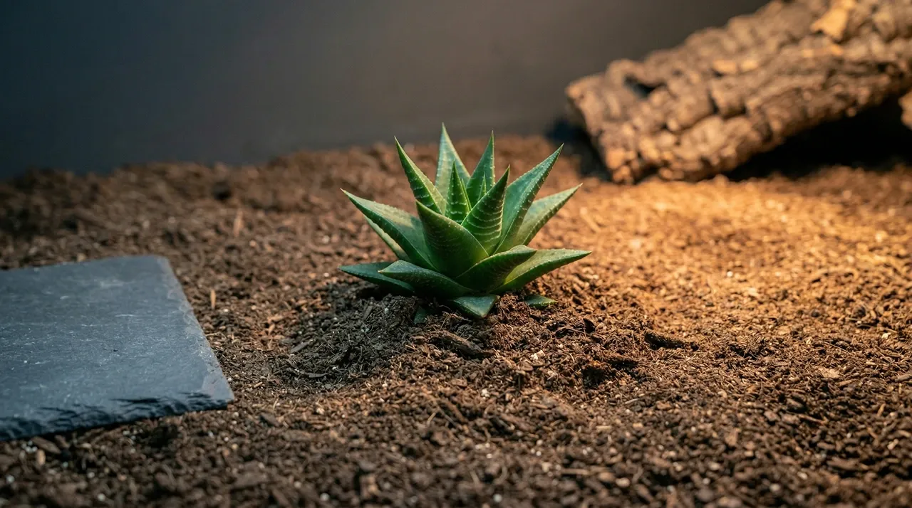 A Haworthia succulent buried flush to substrate level in a bearded dragon bioactive enclosure, with a slate tile to the left and cork bark in the background.