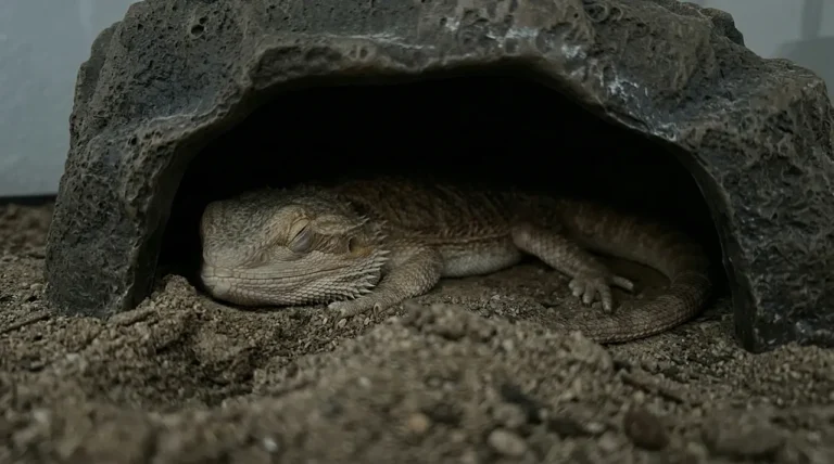A healthy adult sleeping safely underneath a dark rock hide, demonstrating what normal bearded dragon brumation looks like with closed eyes and a relaxed, pale beard.