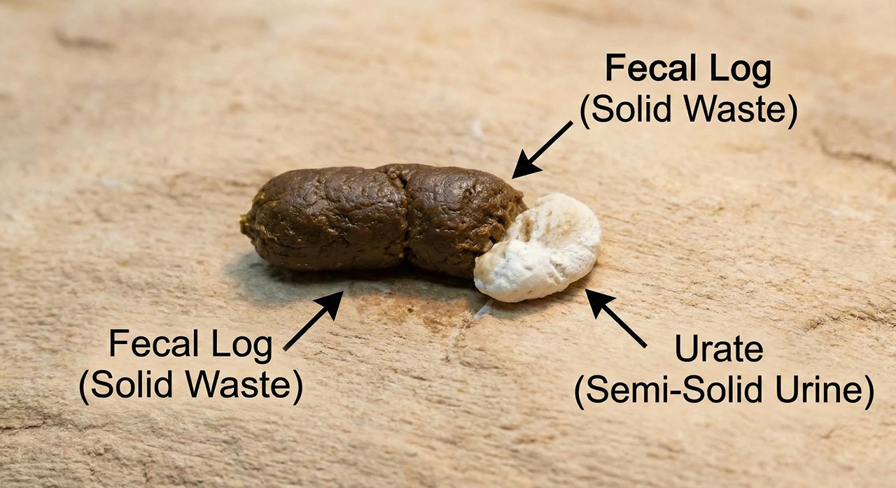 Healthy bearded dragon poop showing the dark fecal log and white urate tip