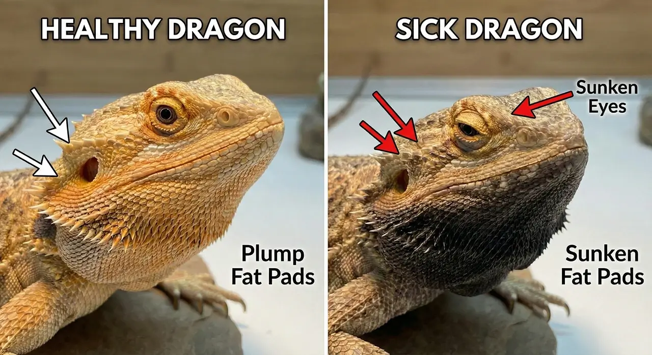 Side-by-side comparison showing a healthy bearded dragon with plump fat pads on the left, and a sick bearded dragon with a black beard, sunken eyes, and flat fat pads on the right.