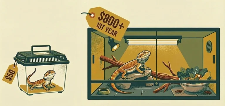 Illustration showing the hidden cost of a bearded dragon, comparing a $50 baby in a tiny plastic carrier to the reality of an $800 proper adult setup with proper lighting and food.
