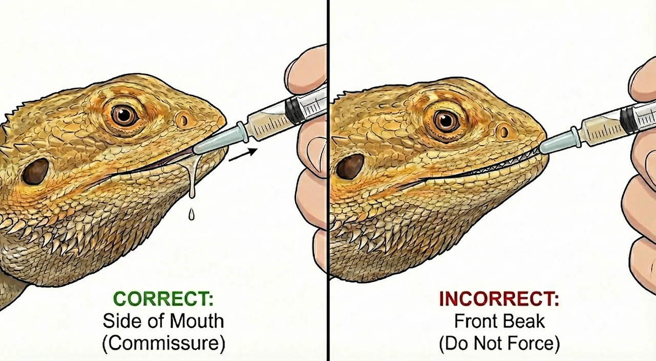 Illustration showing the correct way to give oral medication to a bearded dragon (side of mouth) versus the incorrect way (front of beak).