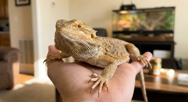 A calm adult bearded dragon resting comfortably on a keeper's open hand, demonstrating how to handle a bearded dragon safely by fully supporting its chest and limbs.