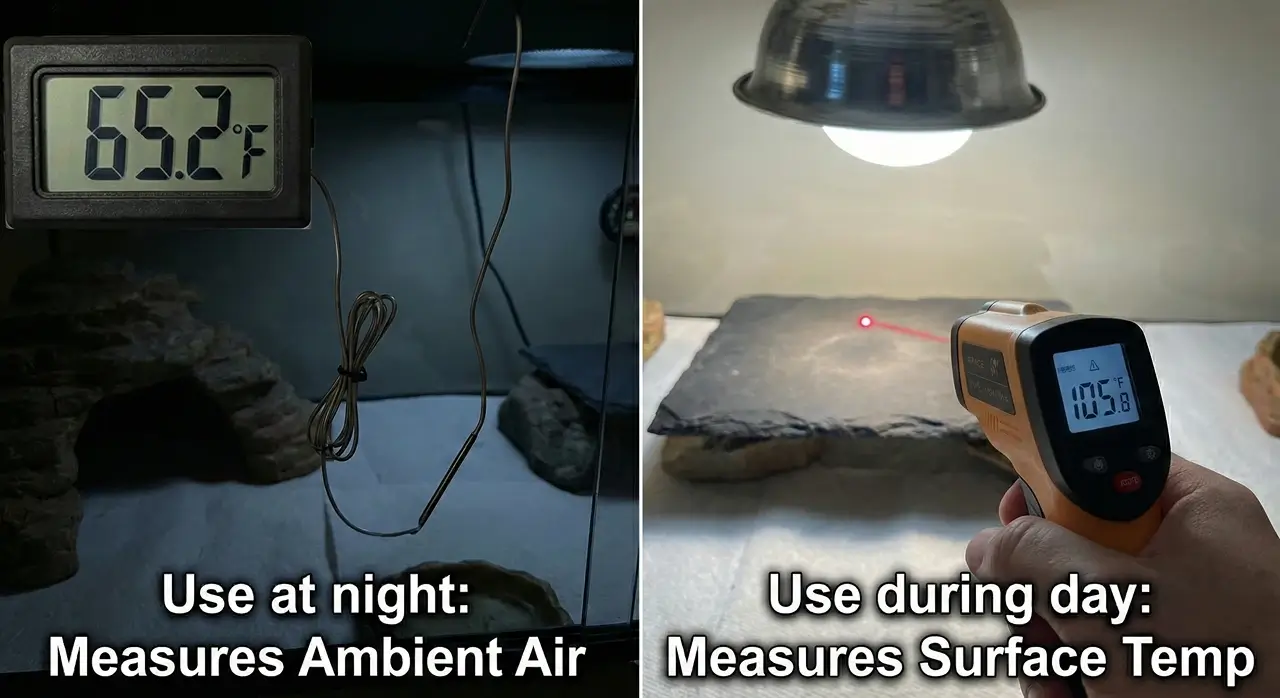 Split comparison showing a digital probe thermometer measuring ambient air at night, versus an infrared temperature gun measuring a basking rock's surface temperature during the day.