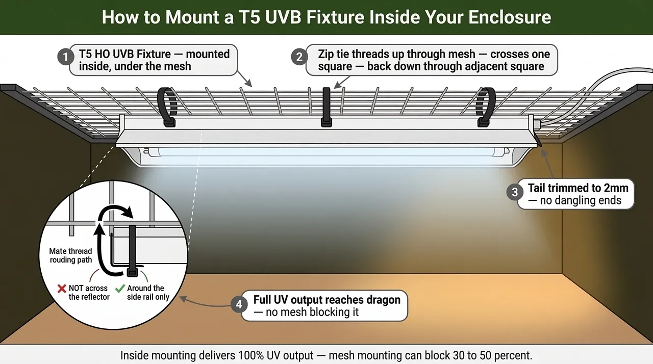 T5 HO UVB fixture mounted inside an enclosure using zip ties below the mesh lid, showing correct mounting position