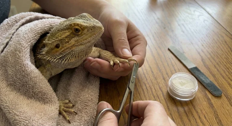 A person safely trimming a bearded dragon's nails using small clippers while the lizard is comfortably wrapped in a towel burrito, with styptic powder on the table.