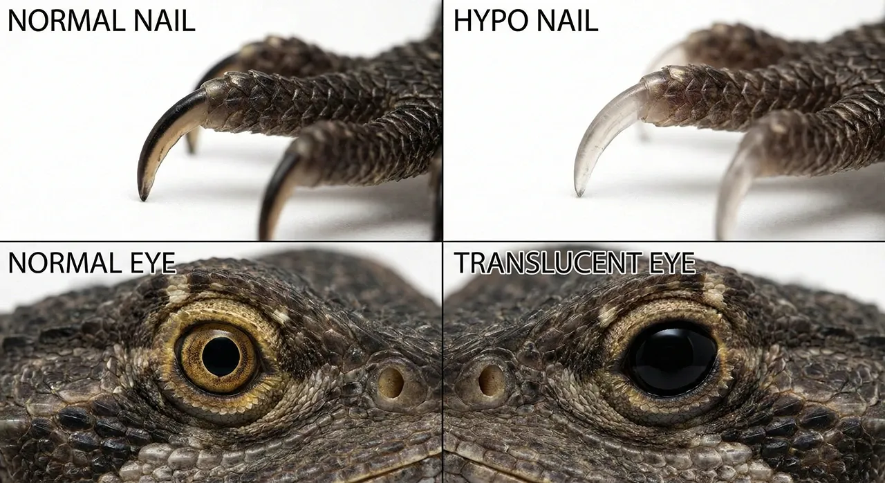 Four-panel diagnostic guide comparing a normal bearded dragon nail with a black stripe to a clear Hypo nail, and a normal eye with a gold iris to a solid black Translucent eye.