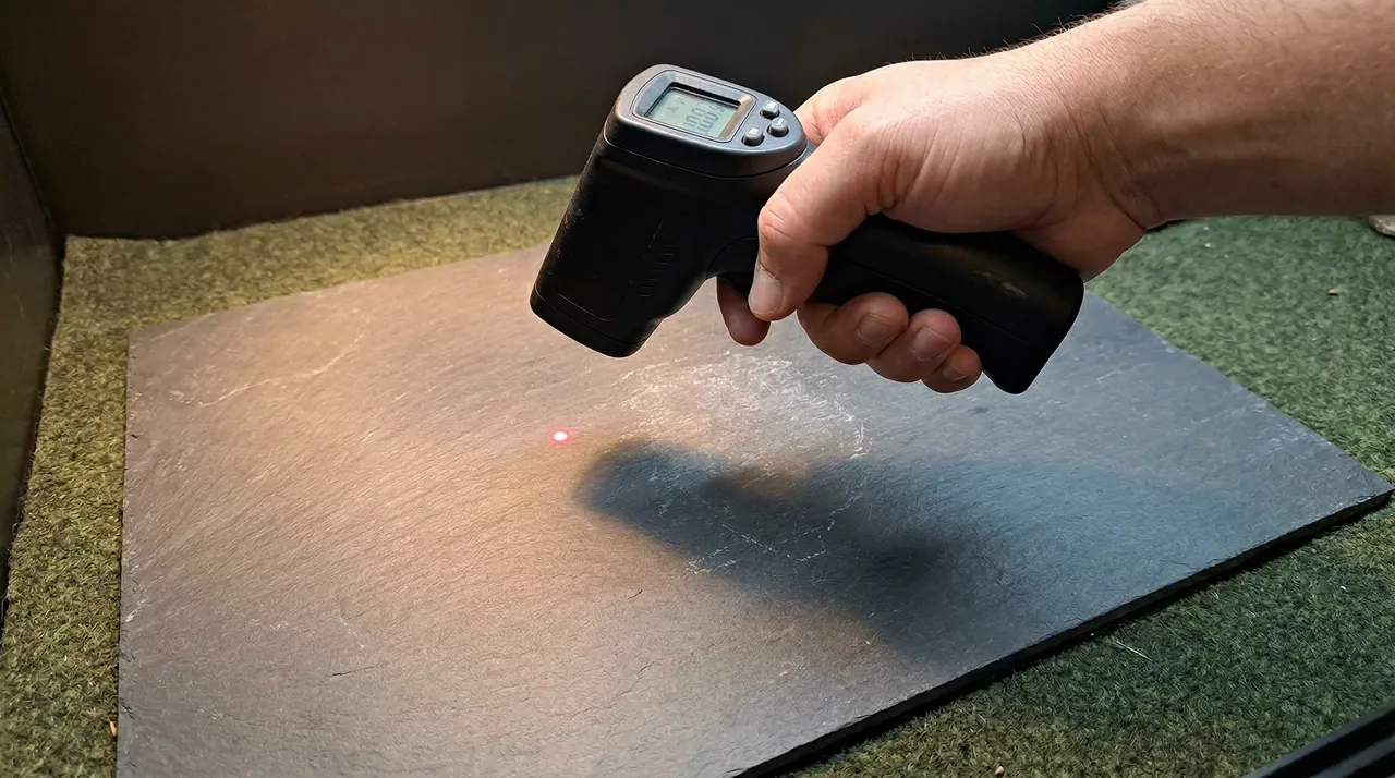 Hand holding an infrared thermometer aimed at a slate basking tile inside a bearded dragon enclosure, red laser dot visible