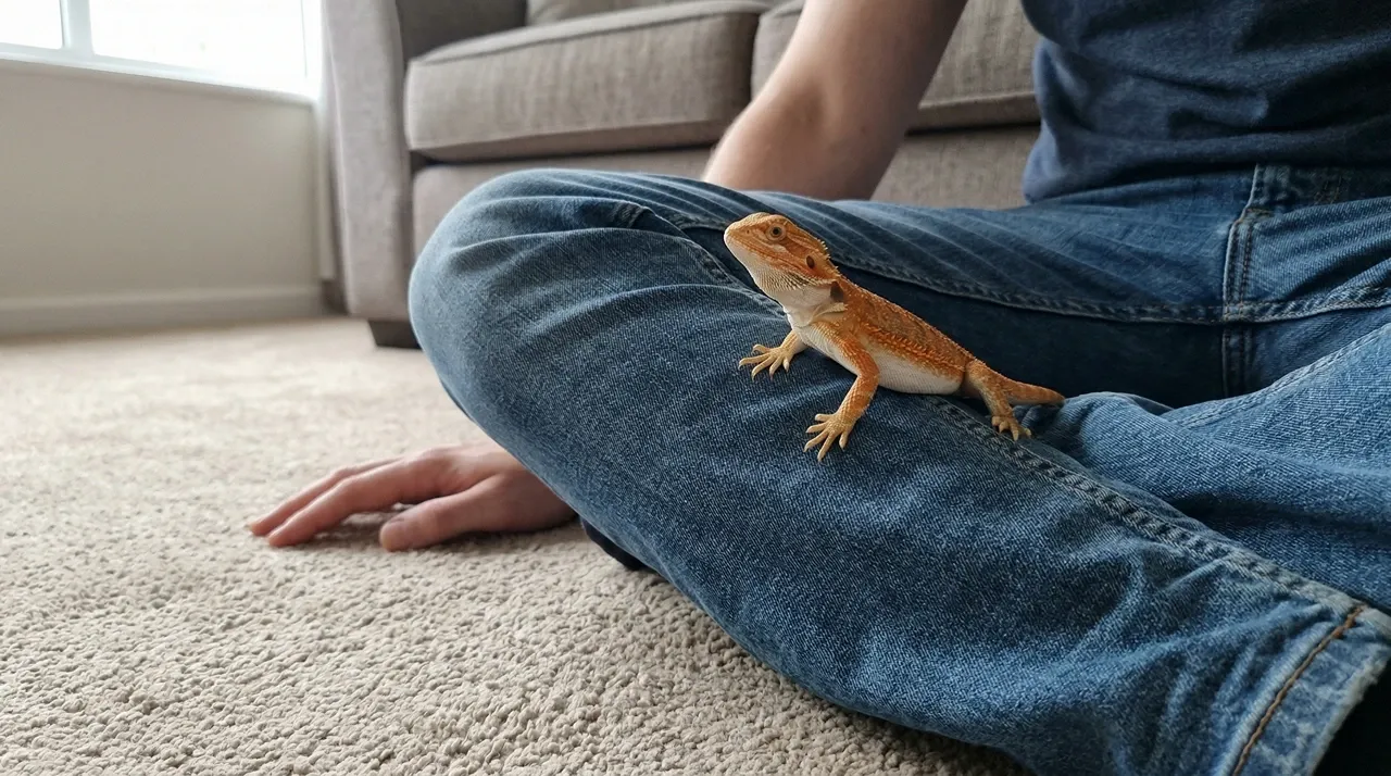 Juvenile bearded dragon resting on a keeper's lap while sitting cross-legged on a carpeted floor
