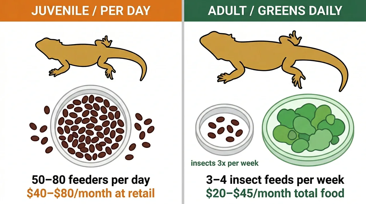 Juvenile bearded dragon above overflowing feeder dish compared to adult with small insect dish and large green salad bowl