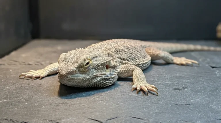 A lethargic adult bearded dragon resting its head flatly on a slate floor, demonstrating the behavioral signs of illness such as impaction that require a keeper's immediate attention.