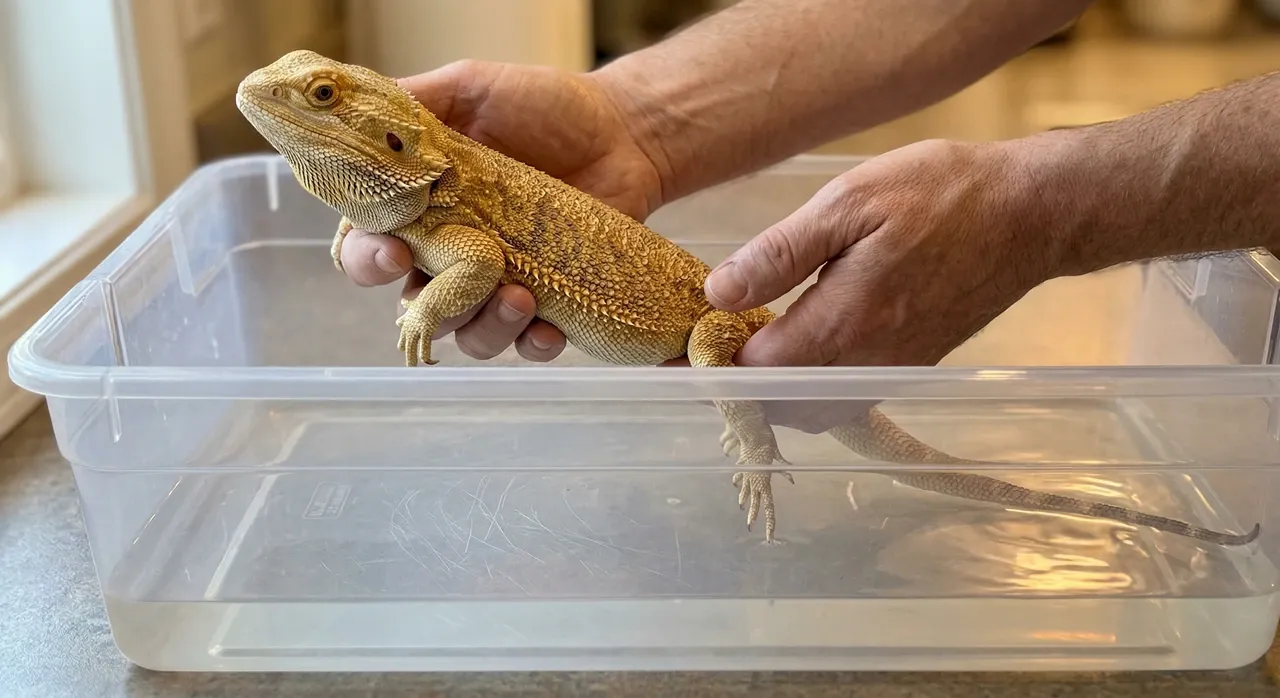 A keeper lowering a bearded dragon tail-first into a shallow plastic tub, showing the correct bath entry technique.