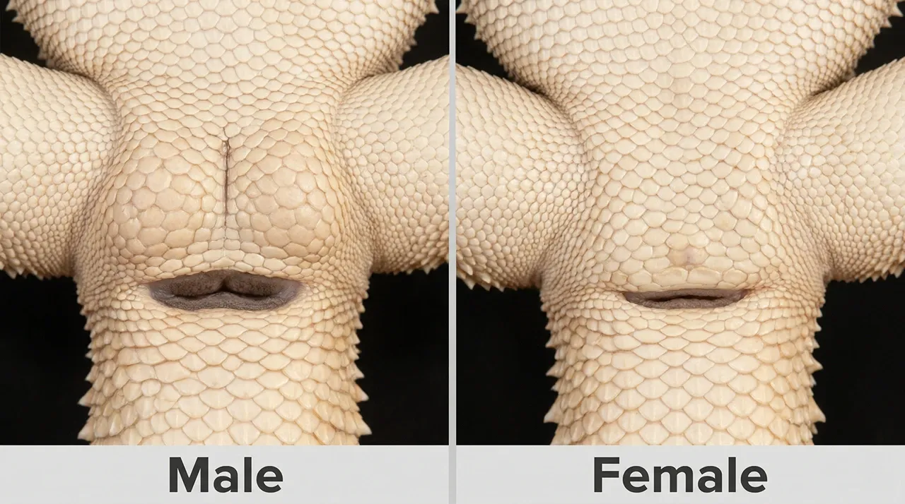 Male bearded dragon tail base showing two hemipenal bulges with central indent beside female tail base with single shallow vent