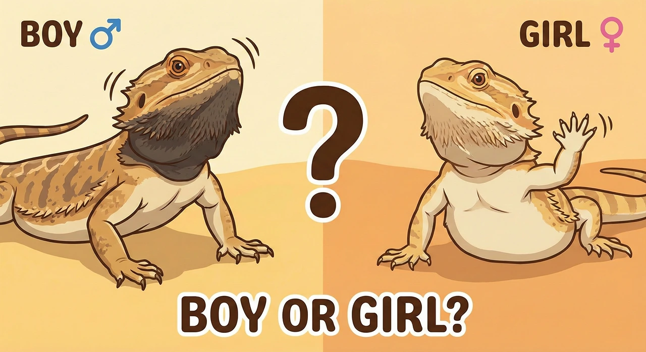 Illustration of a male bearded dragon with a black beard (left) and a female bearded dragon arm waving (right) with the text "Boy or Girl?".