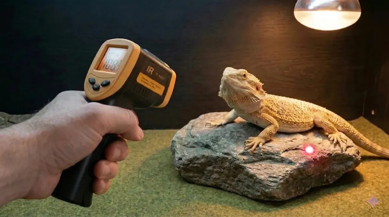 Keeper pointing an infrared temperature gun at a bearded dragon on a basking rock, red laser dot visible on the rock surface