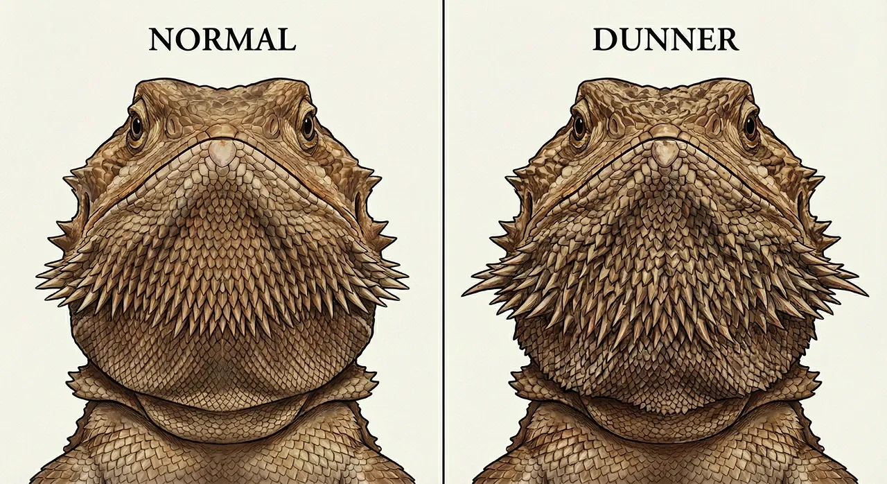 Close-up comparison of a normal bearded dragon with downward-pointing beard spikes on the left, next to a Dunner morph with outward-pointing beard spikes on the right.