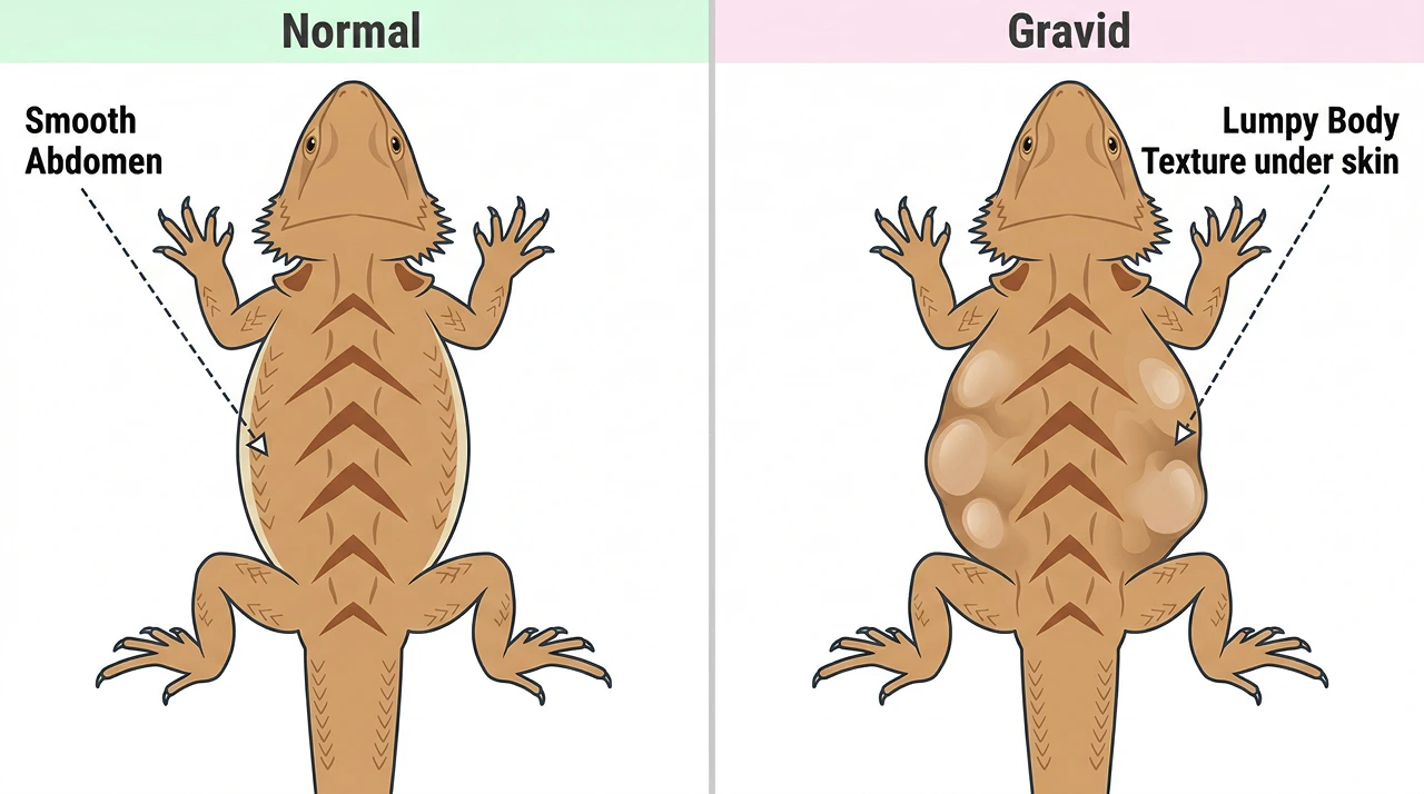 Top-down comparison of a normal female bearded dragon beside a gravid female with visible asymmetrical lumps under the skin