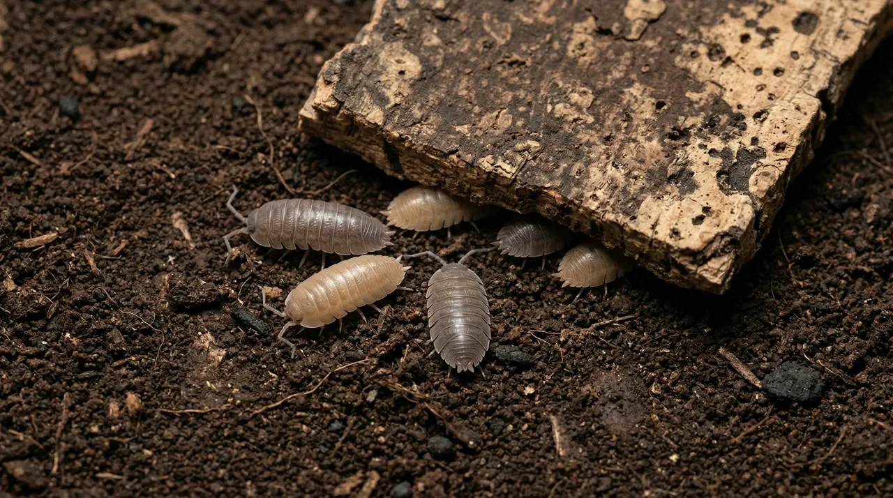 Several Porcellio laevis isopods on dark organic substrate, partially sheltering under a piece of weathered cork bark inside a bearded dragon bioactive enclosure.