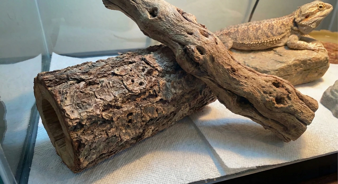 Close-up of porous wood branch in bearded dragon enclosure that traps parasite eggs and causes reinfection.